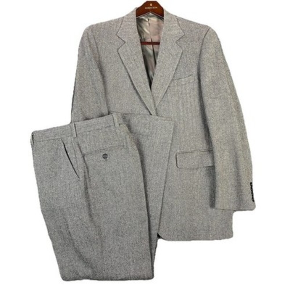 Vintage Stafford 2pc Suit 40R 31x31 Gray Black Herringbone‎ Heavy Tweed Wool EUC